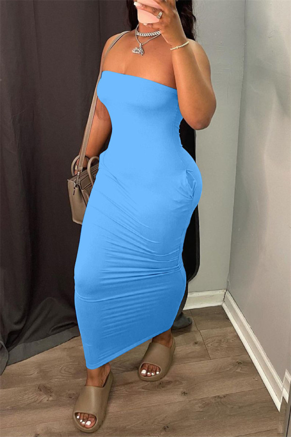 Синее сексуальное повседневное однотонное платье без бретелек без спинки без рукавов