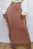 Red-brown Fashion Casual Solid Tassel Regular High Waist Skirt