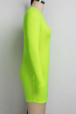 Fluorescerande grönt Mode Sexigt Solid Genomskinlig O-hals Långärmad Mini Pencil Kjol Klänningar