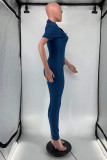 Macacão skinny azul fashion casual sólido básico com gola aberta
