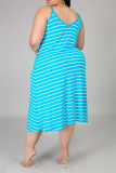 Ljusblå Sexig Casual Plus Size Randigt Print Backless Spaghetti Strap Ärmlös klänning