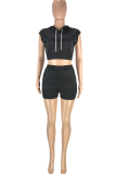 Black Sportswear Solid Patchwork Hooded Collar Short Sleeve Two Pieces