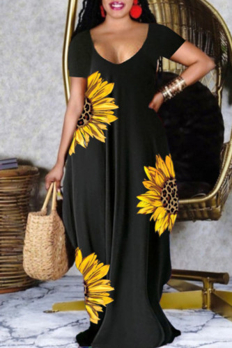 Black Casual Print Patchwork V Neck Short Sleeve Dress Dresses