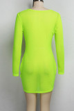 蛍光グリーンファッションセクシーなソリッドシースルーOネック長袖ミニペンシルスカートドレス