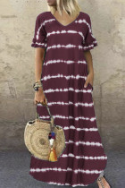 Bordeauxrode casual print patchwork jurk met V-hals en korte mouwen Grote maten jurken