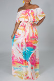 Цветной сладкий принт Лоскутное платье с открытыми плечами и принтом Платья