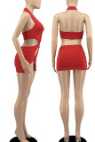 Red Sexy Solid Hollowed Out Patchwork Asymmetrical Halter Pencil Skirt Dresses