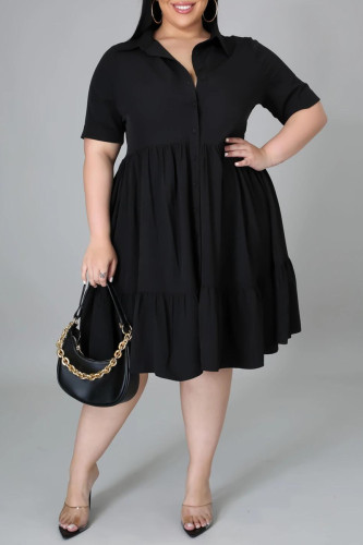 ブラックファッションカジュアルプラスサイズソリッドベーシックターンダウンカラーAラインドレス