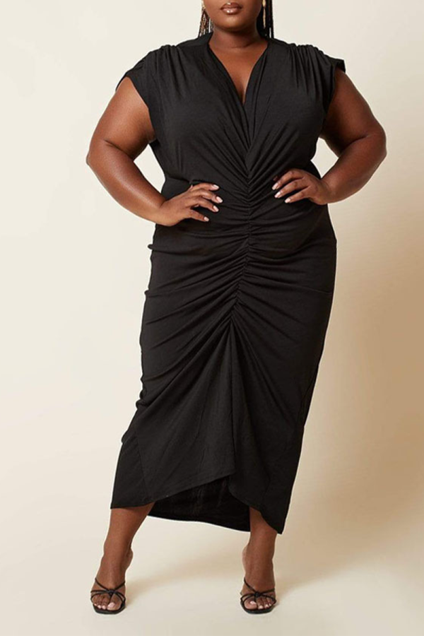 Schwarze, lässige, einfarbige Patchwork-Kleider mit V-Ausschnitt und großen Größen