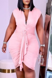 Vestido sin mangas con cuello en V y pliegues sólidos de talla grande sexy de moda rosa