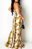 Темно-желтые платья-русалка с пикантным принтом и высоким открытием без бретелек