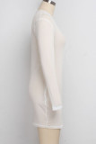 Weiße Mode Sexy feste durchsichtige O-Ausschnitt Langarm-Mini-Bleistiftrock-Kleider