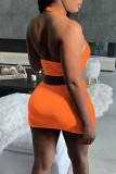 Tangerine Sexy Solid Hollowed Out Patchwork Asymmetrical Halter Pencil Skirt Dresses