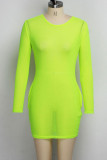 Fluoreszierendes Grün Mode Sexy Solide Durchsichtige O-Ausschnitt Langarm Mini Bleistiftrock Kleider