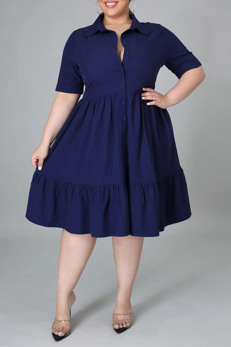 

Tibetan Blue Fashion Casual Plus Size Solid Basic Turndown Collar A Line Dresses