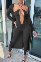 Black Fashion Sexy Solid Vest V-hals Lange Mouw Twee Stukken