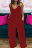 Burgundy Casual Solid Patchwork Spaghetti Strap Lösa Jumpsuits