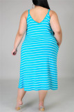 Ljusblå Sexig Casual Plus Size Randigt Print Backless Spaghetti Strap Ärmlös klänning