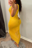 Vestidos de falda de lápiz de correa de espagueti de malla sólida sexy amarillo