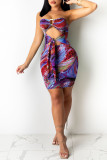 Burgundy Fashion Sexy Print Hollowed Out Backless Strapless Sleeveless Dress