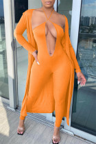 Orange Mode Sexig Solid Cardigan V Neck Långärmad Två delar