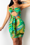 Зеленое модное сексуальное платье с вырезом на спине и без бретелек без рукавов