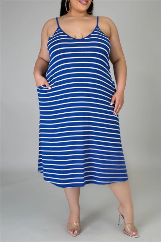 Deep Blue Sexy Casual Plus Size Striped Print Backless Spaghetti Strap Sleeveless Dress