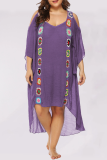 Purple Casual Print Mesh O Neck Straight Plus Size Dresses