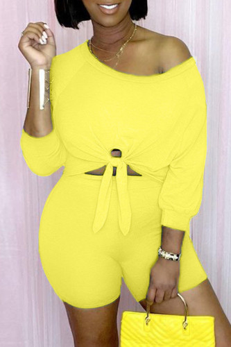 Yellow Fashion Casual Solid Bandage Two Lapel Long Sleeve Two Pieces