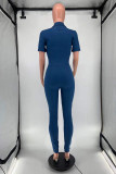 Blue Fashion Casual Solid Basic Turndown Collar Skinny Jumpsuits