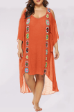 Tangerine Red Casual Print Mesh O Neck Straight Plus Size Robes
