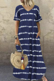 Diepblauwe casual print patchwork jurk met V-hals en korte mouwen Grote maten jurken