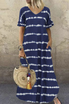 Deep Blue Casual Print Patchwork V Neck Short Sleeve Dress Plus Size Dresses