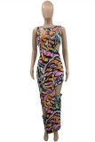 Multicolor Fashion Sexy Print Hollowed Out O Neck Sleeveless Dress