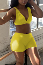 Флуоресцентный желтый сексуальный сплошной лоскутное шитье с V-образным вырезом без рукавов из двух частей