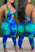 Синий модный сексуальный принт с принтом на спине и ремешком без рукавов с лямкой на шее из двух частей