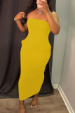 黄色のセクシーなカジュアルソリッドバックレスストラップレスノースリーブドレス