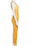 Yellow Sexy Solid Mesh Spaghetti Strap Pencil Skirt Dresses