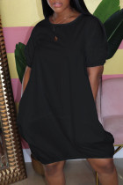 Черное повседневное однотонное лоскутное платье-фонарик с круглым вырезом Платья больших размеров