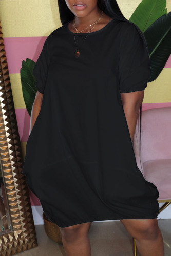 Zwarte casual effen patchwork lantaarnjurk met o-hals Grote maten jurken