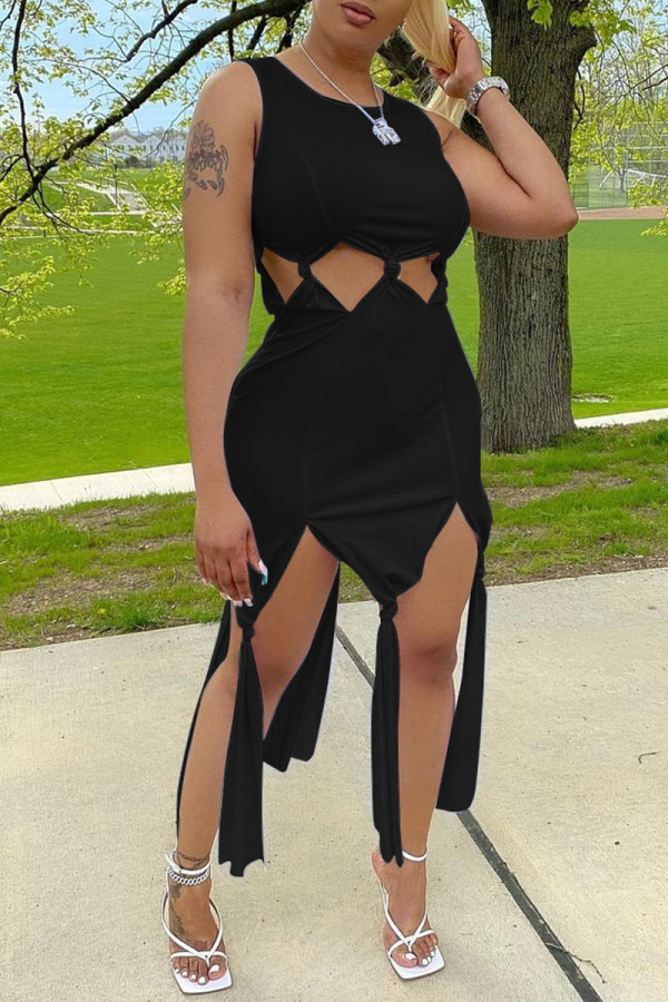 Черное модное сексуальное однотонное платье с круглым вырезом и жилетом
