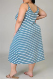 Lichtblauwe sexy casual plus size gestreepte print backless spaghetti band mouwloze jurk