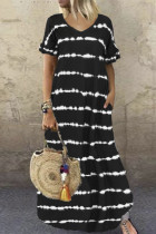 Zwarte casual print patchwork jurk met V-hals en korte mouwen Grote maten jurken