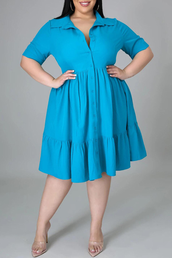 Светло-голубые модные повседневные однотонные платья больших размеров с отложным воротником