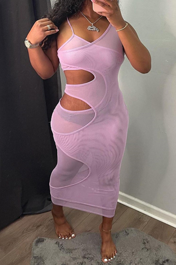 Purple Sexy Solid Mesh Spaghetti Strap Pencil Skirt Dresses