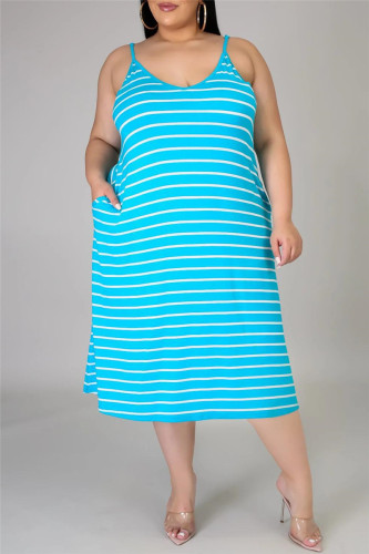 Lichtblauwe sexy casual plus size gestreepte print backless spaghetti band mouwloze jurk