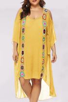 Yellow Casual Print Mesh O Neck Straight Plus Size Dresses