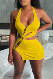Yellow Sexy Solid Hollowed Out Patchwork Asymmetrical Halter Pencil Skirt Dresses
