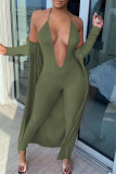 Army Green Fashion Sexy Solid Cardigan V-Ausschnitt Langarm Zweiteiler