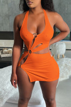 Tangerine Sexy solide ausgehöhlte Patchwork asymmetrische Neckholder-Bleistiftrock-Kleider